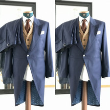 Navy Mens Tailcoat 2Pcs Suits British StylePeak Lapel Evening Dinner Long Jacket