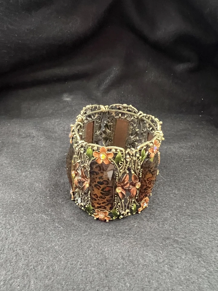 Pulsera Brazalete Floral Estampado Leopardo Panel de Vidrio Ancho Estilo Boho Vintage Foto 3 de 4