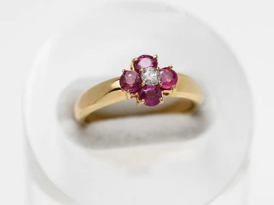 K18 Gelbgold Rubin Diamant Blütenring 0.10ct Ringgröße 11.5 - Bild 1 von 4