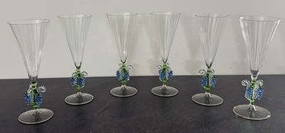 6x Lauscha Bimini Sekt Gläser Set Art Deco blaues Traubenmotiv