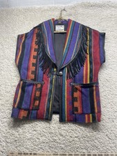 VTG Pioneer Wear Vest Wool  Leather Fringe Vest Chimayo 70s Striped M EUC