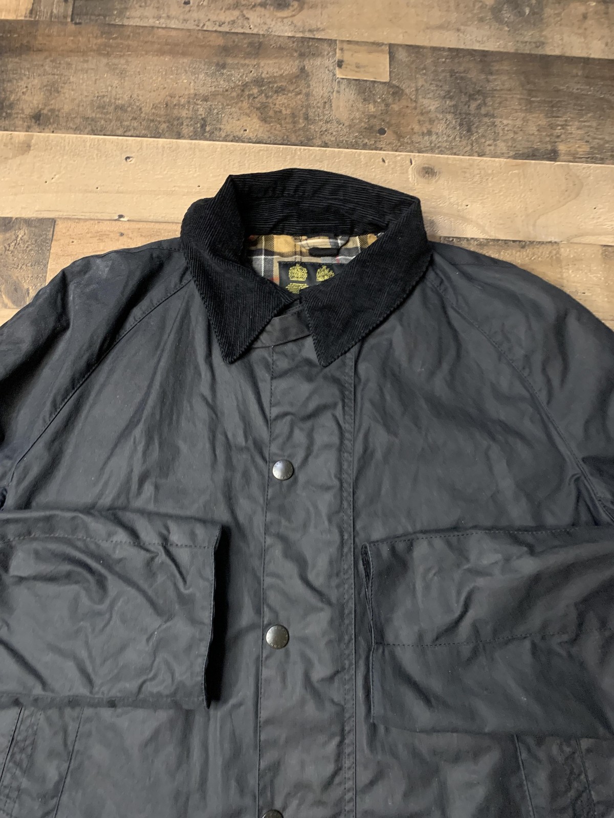 Mens Medium Black Waxed Cotton Tartan Lined Rain Jacket Outd