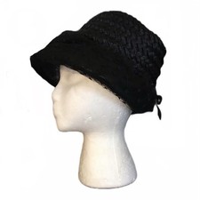 VINTAGE CIRCA 1960'S JONQUIL BLACK RATTAN HAT WITH TULLE NETTING