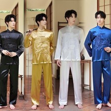 New Chinese Tang Suit Set Mens Embroidered Dragon Kungfu Shirt Satin Tops Pants