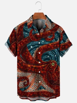 Mens Octopus Mosaic Art Print Hawaiian Short Sleeve Shirt