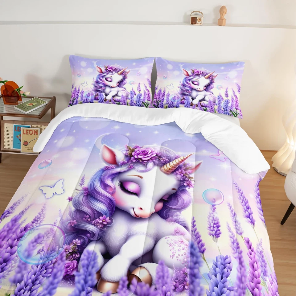 Cartoon Unicorn Bedding Twin Size for Toddler Girls Room Decor,Lavender Flash Ki - Image 3 of 4