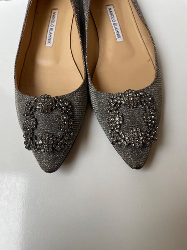Manolo Blahnik Hangisi Jeweled Glitter Silver Satin Women's Flats EUR 39 / USA 9 - Picture 18 of 21