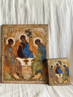 Orthodoxe christliche lithographische Ikonen der Heiligen Dreifaltigkeit Fichtenbrett Geschenkset