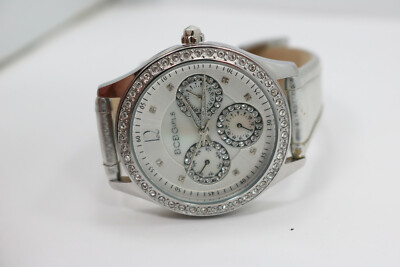 Womens BCBG GL2067 Multi Function MOP DIal Crystal Silver Band New Batt