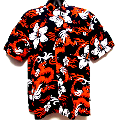 Vintage No Fear Hawaiian Shirt Men's Medium Aloha Dragons Hibiscus Flames USA - Picture 5 of 9