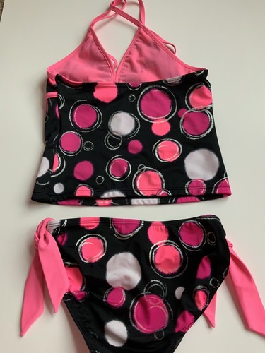 Justice Girls Pink Black Dot Circle Tankini Swim Size 8 Silver - Picture 2 of 2