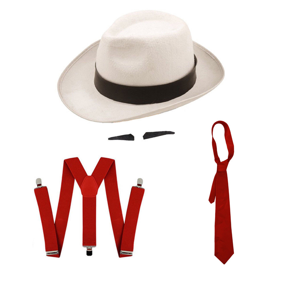 WHITE GANGSTER HAT BLACK BAND, RED TIE, BRACES, SPIV TASH MAFIA