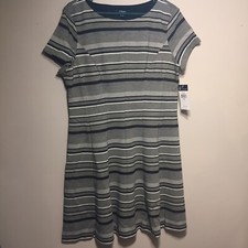 Womens XL Dress Short Sleeve Fit & Flare Stripes Black Gray Chaps business 