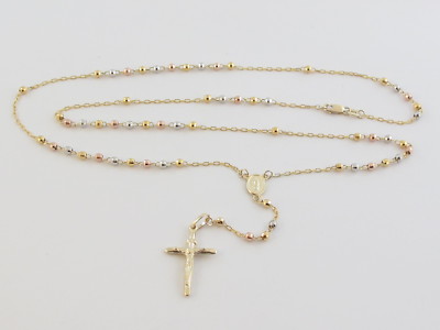 14k Yellow white And Rose Gold Rosary Beads Necklace Mary