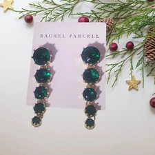 Rachel Parcell  Women's Gold Plated Green Drop Long Statement  Earrings NWT