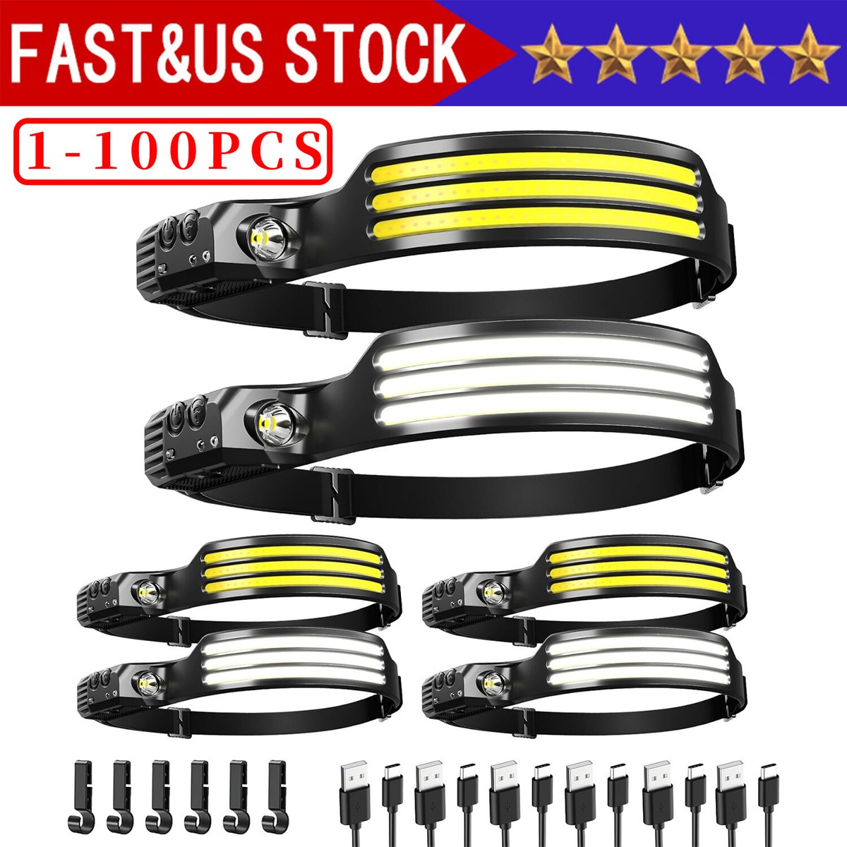 USB Rechargeable Head Torch - 350 Lumen, Motion Sensor, 230° Floodlight, IPX4 Waterproof