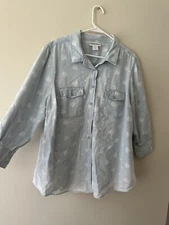 The Company Store Top Sz 1X Blue White Floral Print Long Sleeve Cotton Button Up