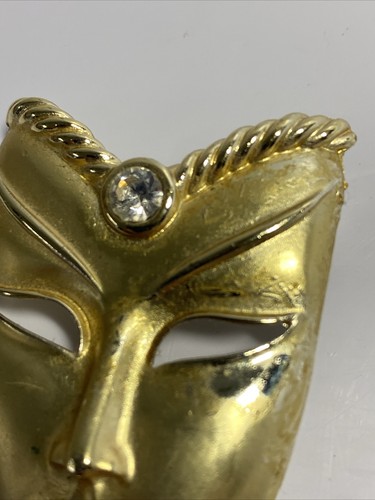 Gold Tone Drama Theater Masquerade Face Mask Brooch Pin w/ Rhinestone Vintage - Picture 6 of 11