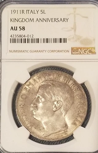 Italy 1911 5 Lire, Extremely Rare Date, Original, Superb NGC 58++PQ  Graded High