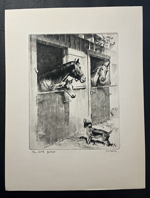 Vintage 1940 s   The Little Gossip  By R.H. Palenske Etching-Horse, Colt, Dog