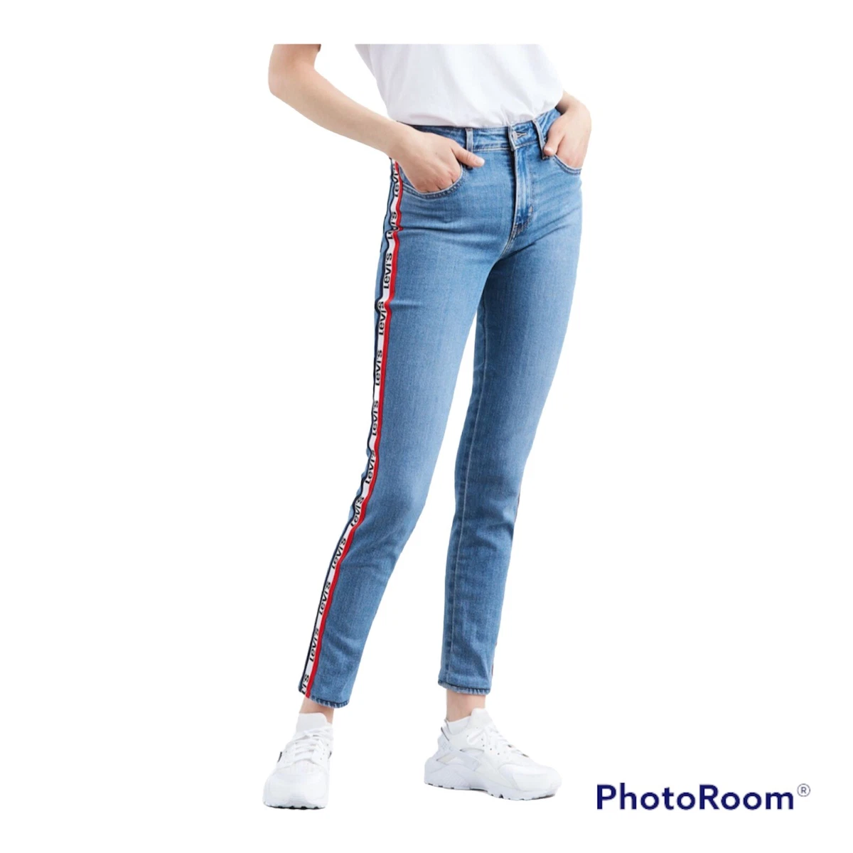 LEVI S Womens 721 High Rise Skinny Jeans Side Stripe Logo Size 30 American