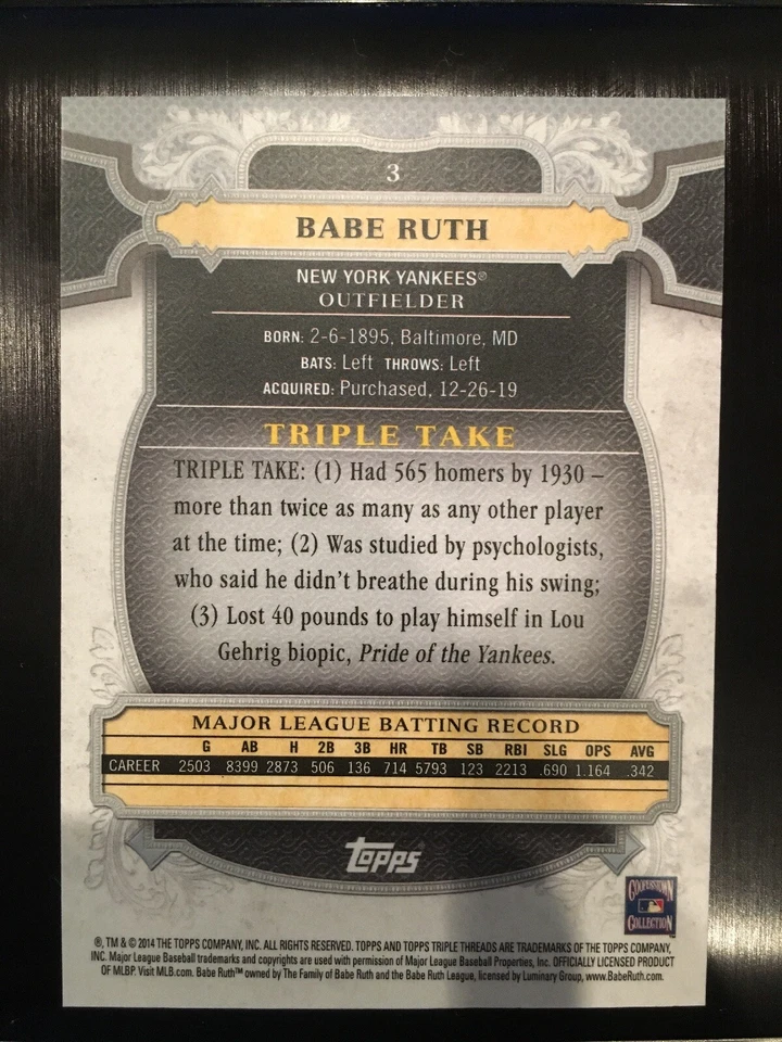 2014 Topps Triple Threads #3 Babe Ruth New York Yankees - Image 2 of 2