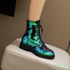 Women's Glitter Sequins Ankle Short Boots Casual Bling Lace Up Shoes Performance