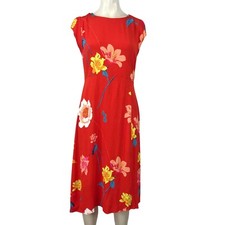 LOFT - WOMEN'S 4 - RED FLORAL SHORT SLEEVE ROUND NECK 100% RAYLON DRESS