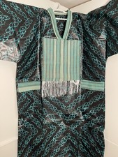 Black Women Kaftan with Turquoise Fringe Traditional African Robe One Size