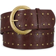Wide Chunky Studded Brown Leather Vintage Style Waist Belt with Brass Buckle
