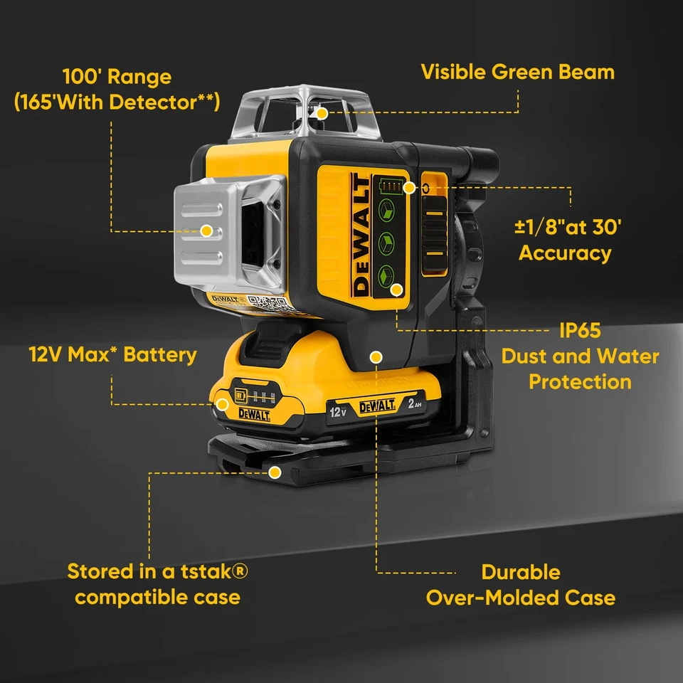 DeWalt DW089LG 12V Green Line 3 x 360 Laser Level Laser Tool rechargeabl battery - Image 3 of 4