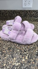 UGG W Oh Yeah Slide Slippers Purple Fur Open Toe Logo Fur Trim Women's Size 10