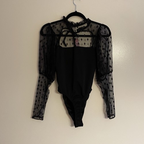 Boohoo Women 8 Black Polka Dot Mesh Puff Sleeve Ruffle Tie Neck Bodysuit NWT - 第 13/15 張圖片