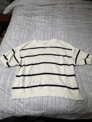 Thread & Supply Cream & Black Stripe Short Sleeve Open Knit Sweater T Shirt 1X