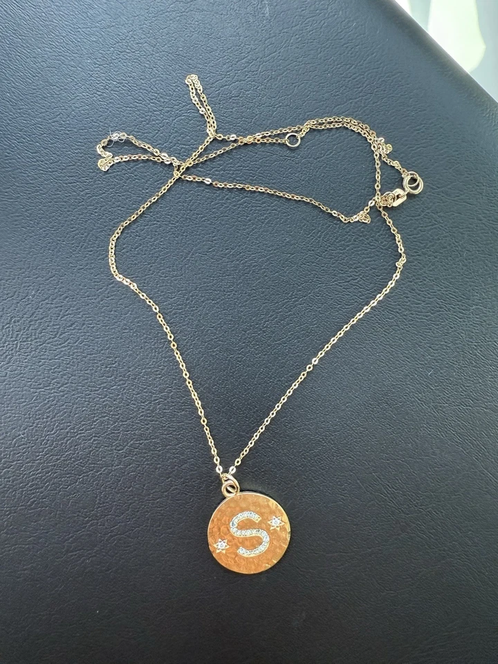 14k Gold, Diamond, Aquamarine Necklace With Hammered Gold S Charm, Dainty Chain - Image 3 of 4