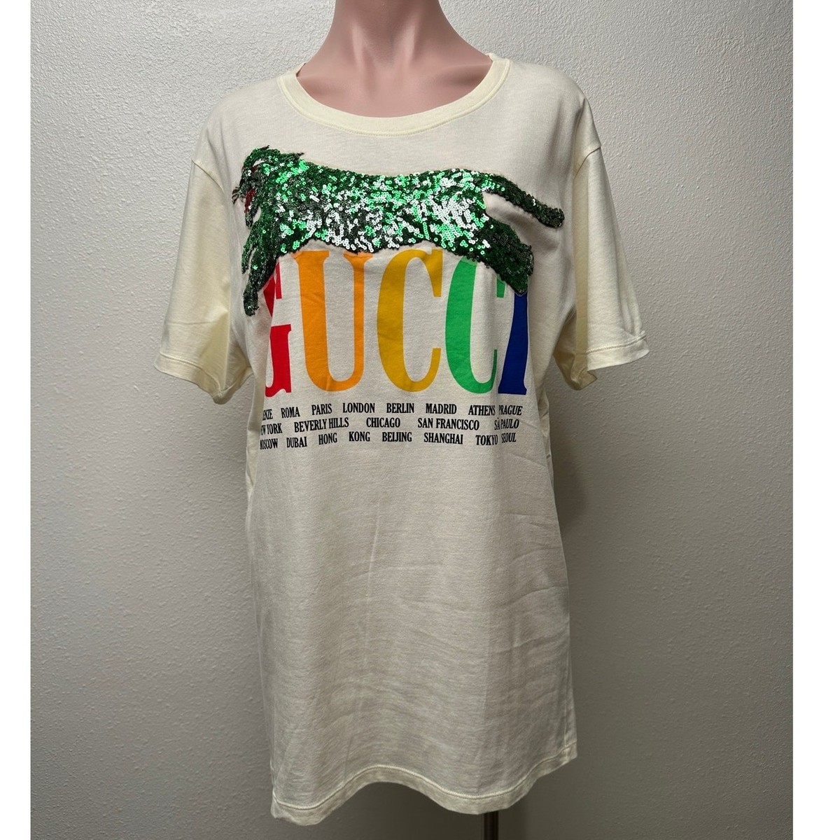 Gucci Sequin Cat Rainbow Logo T-Shirt Cream Unisex US M | eBay