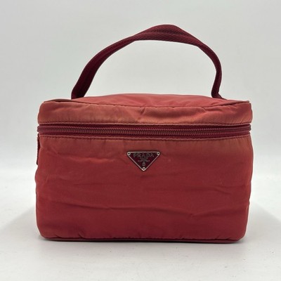 Auth Prada Triangle Logo Tessuto Nylon Handbag Vanity Bag Red 2Y4165