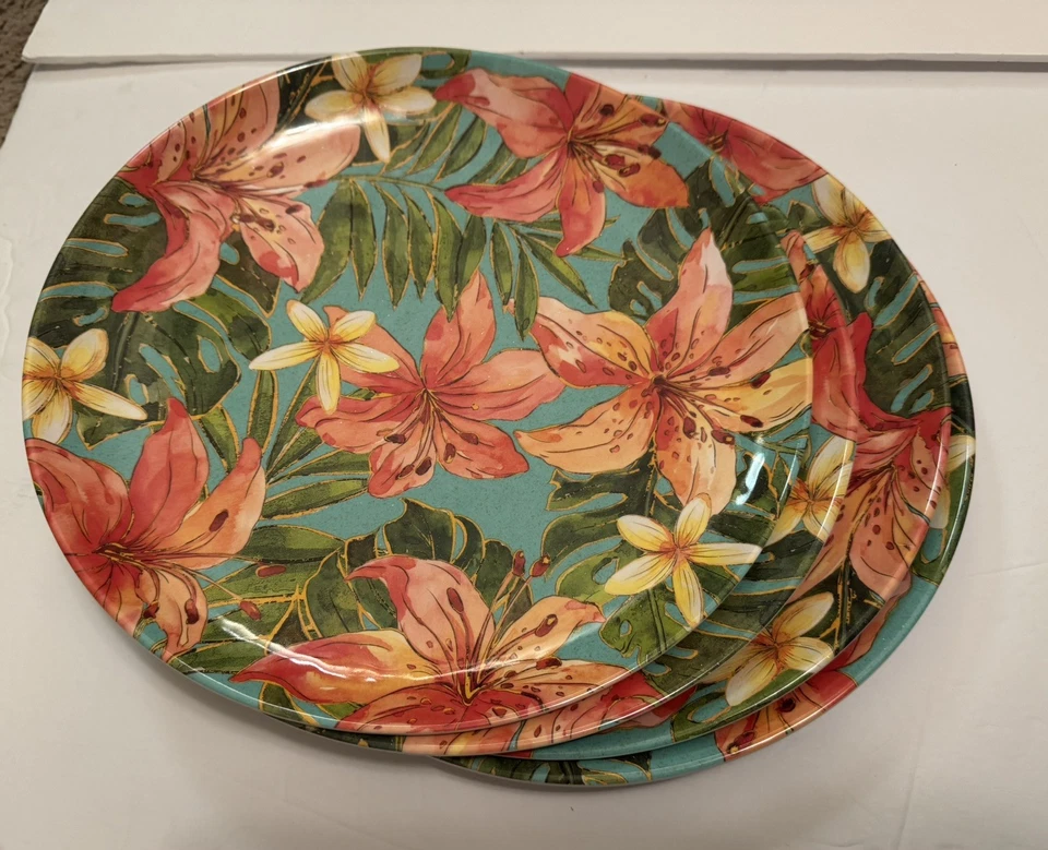 Tommy Bahama Melamine Dinner Plates 11" Hibiscus Tropical Flowers Set Of 4 EUC - Image 2 of 4