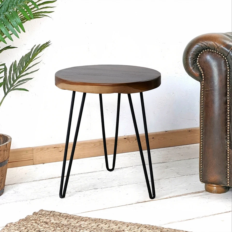 Natural Teak Wood Round End Side Table with Hairpin Legs 21" H Home Decor - Image 2 of 4