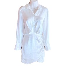 NWT Zara Satin Effect Mini Dress Long Sleeve White Sexy V Neck Collared Button S