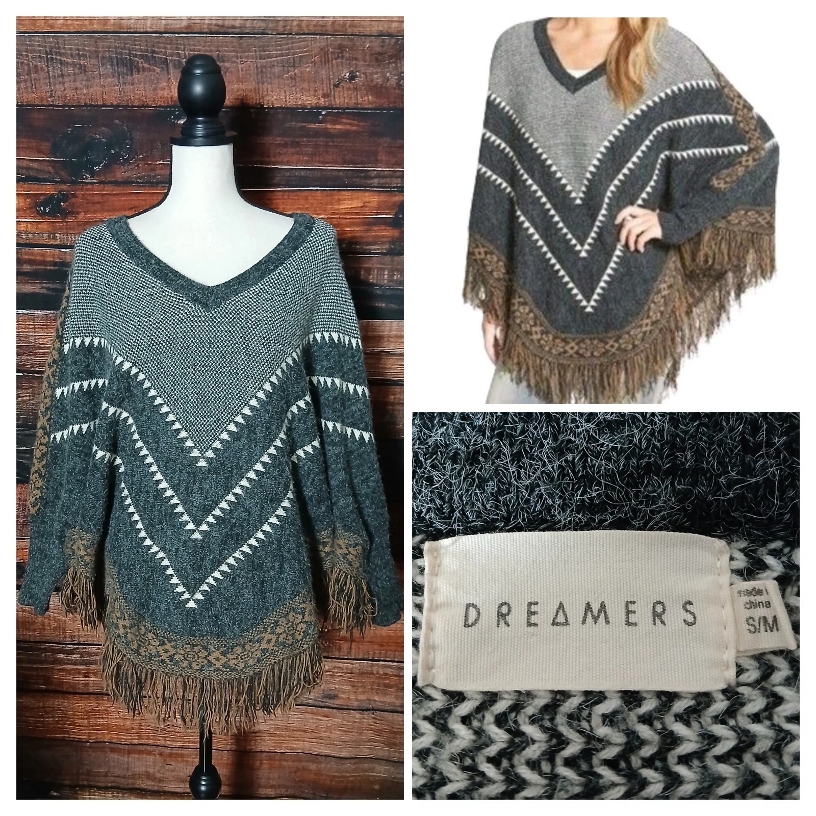Dreamers Poncho Sweater Size S/M Boho Aztec Fringe Southwest V-Neck Fuzzy Knit
Opens in a new window