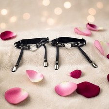 Black Faux Leather Heart Spike Leg Garters Pair Adjustable Punk Goth Thigh Rings