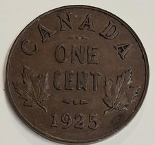Canada 1925 piccolo centesimo. Senza problemi. Moneta Data Chiave. Solido VF.