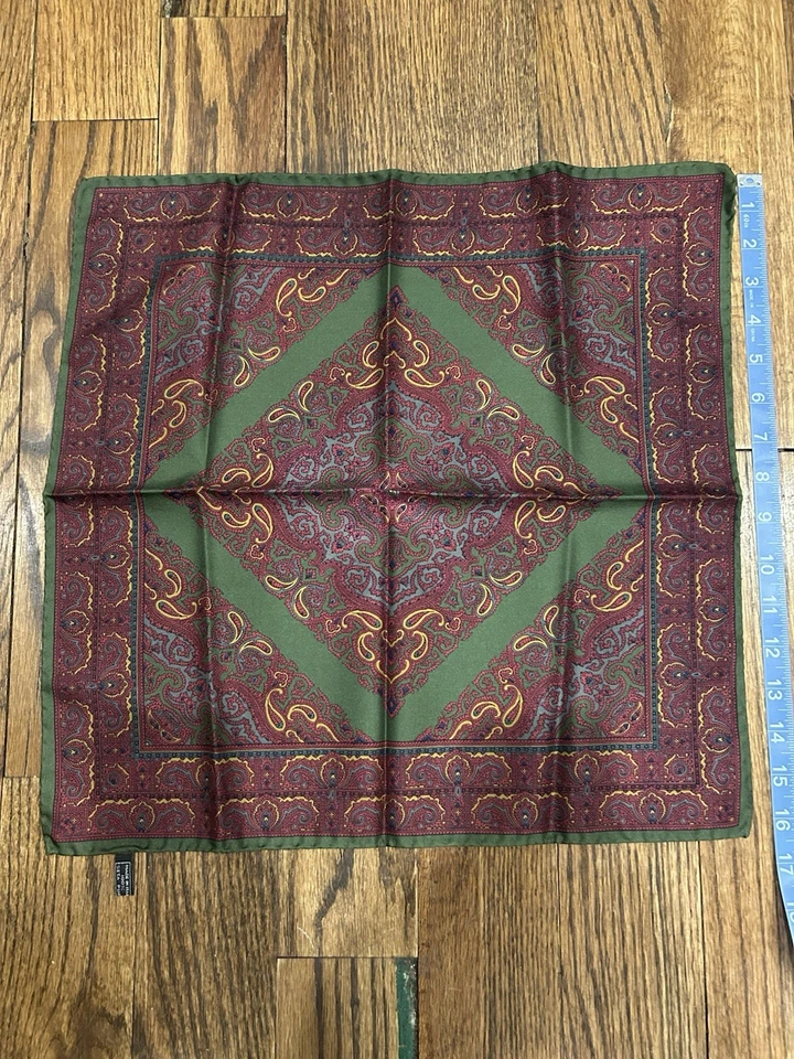 Nuevo sin etiquetas Anónimo Hecho en Italia Oliva Antigua Loca Paisley Seda Cuadrado de Bolsillo Sin Reserva Foto 3 de 4