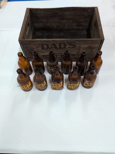 Vintage Wooden Soda Crate Dad’s Root Beer With 11 Junior Size Bottles