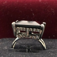 Spectacular Square Black Stone/Glass Ring, Costume Silver Tone, Sz 10