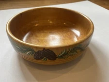 Margaret Studios Inc 11” Wood Serving Bowl Hand Painted Pinecones & Branches VTG