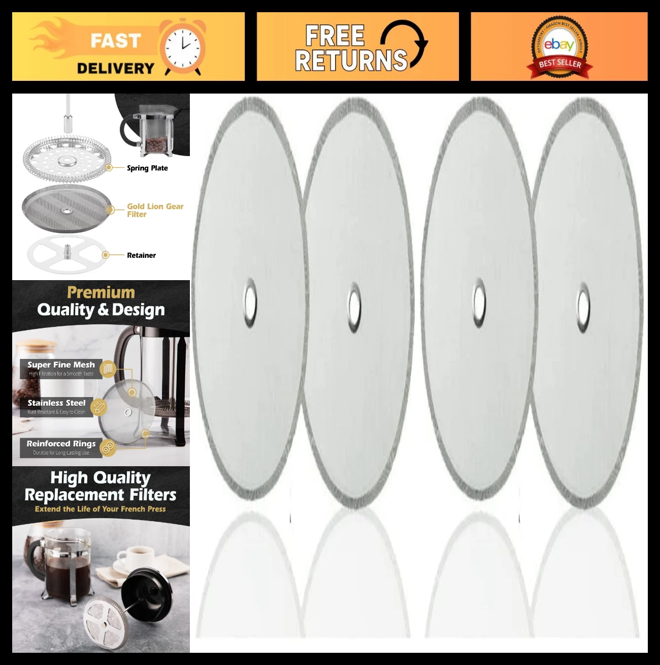 Universal 8-Cup French Press Replacement Filter Set - 2 Pack with Metal Ring