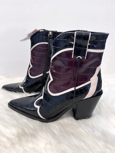 Zara Leather Heeled Cowboy Ankle Boots Black Multicolored Women Size US 6.5 - Picture 10 of 16