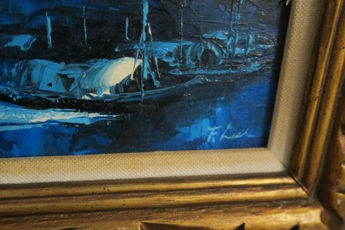 VINTAGE SIGNIERT ORIGINAL ÖL AN BORD SCHROTTBOOTE HAFEN GEMÄLDE GERAHMT 3" X 6" - Bild 3 von 5